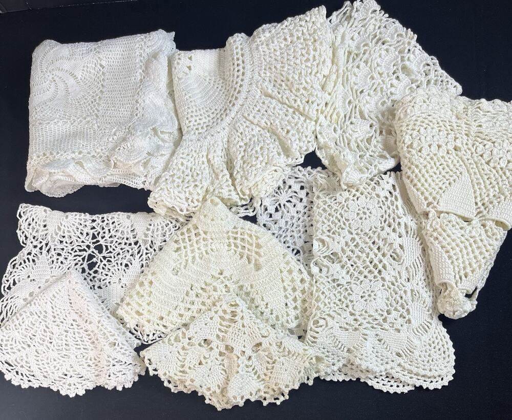Lot of 10 Vintage Crochet & Lace Doilies Ivory, Cream, White, Mixed shapes